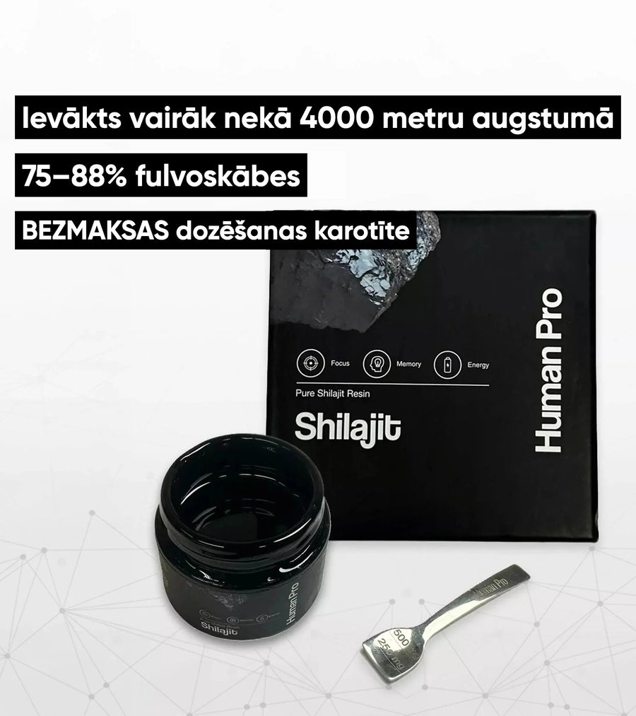 Human Pro Shilajit: Ievākts vairāk nekā 4000 metru augstumā, 75–88% fulvoskābes