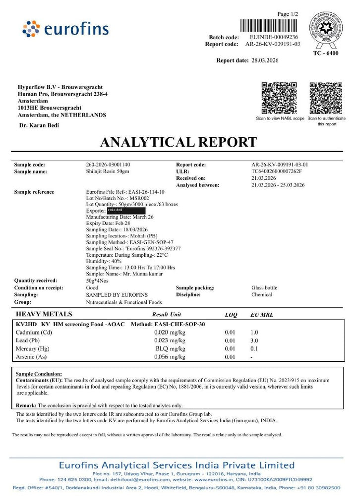 Eurofins certificate for batch MSR002, page 1