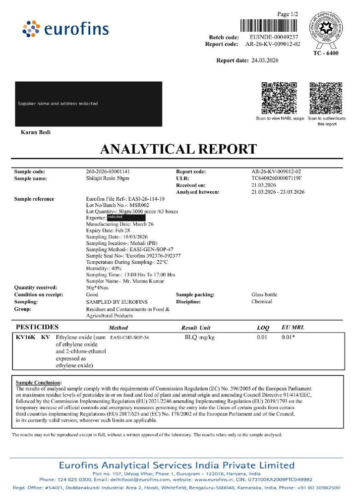 Eurofins certificate for batch MSR002, page 1