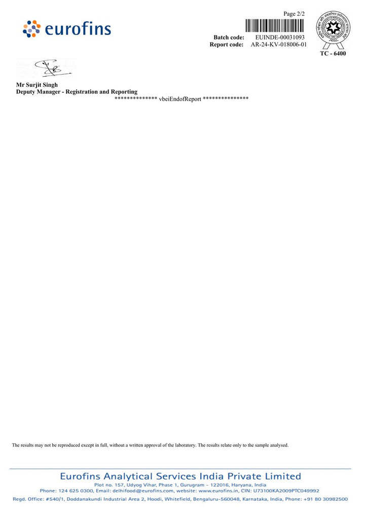 Eurofins certificate for batch SR1800, page 2