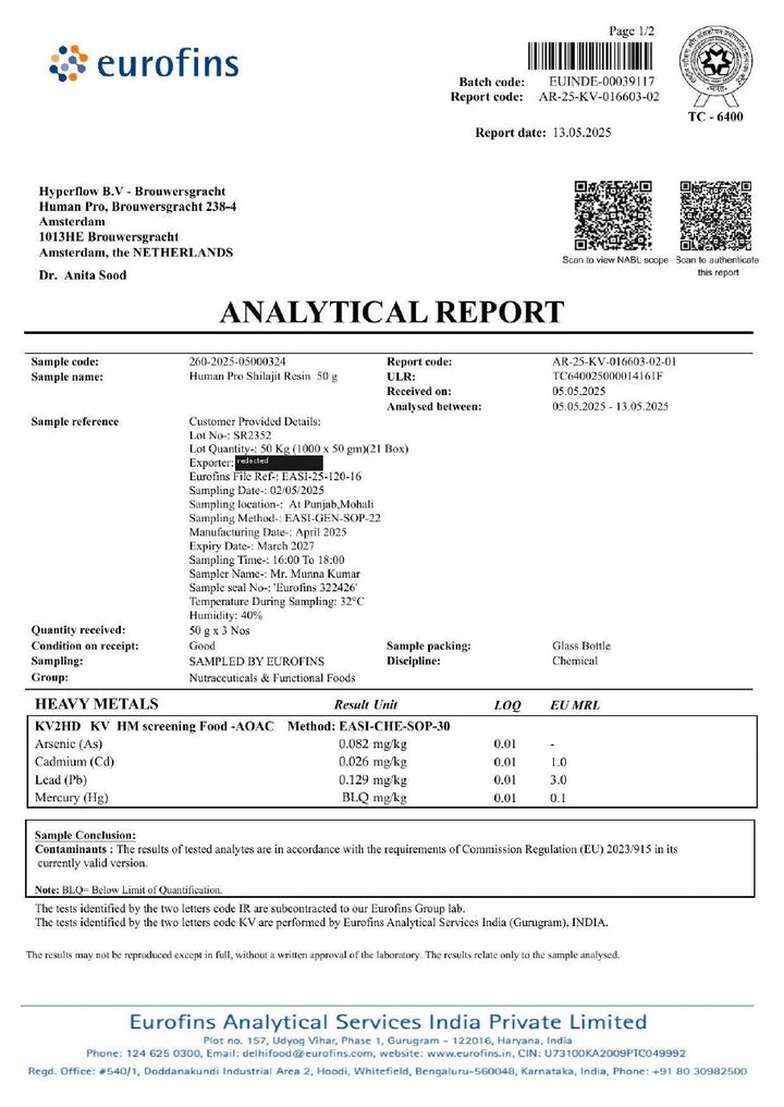 Eurofins certificate for batch SR2352, page 1