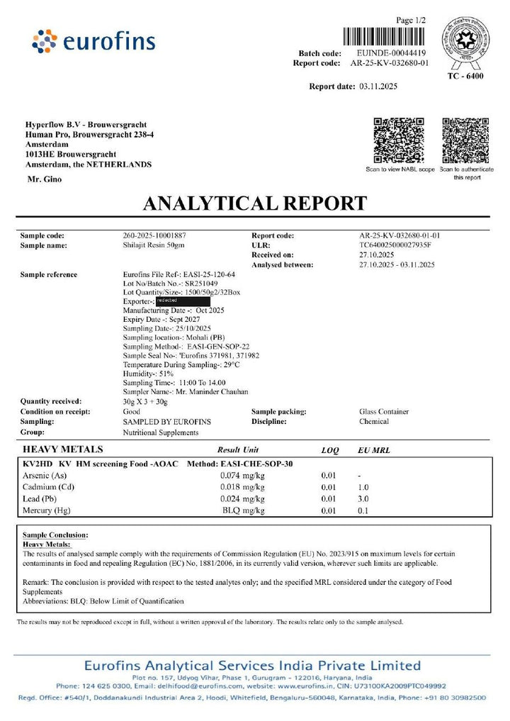 Eurofins certificate for batch SR251049, page 1