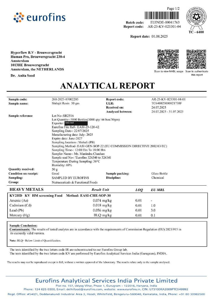 Eurofins certificate for batch SR2516, page 1
