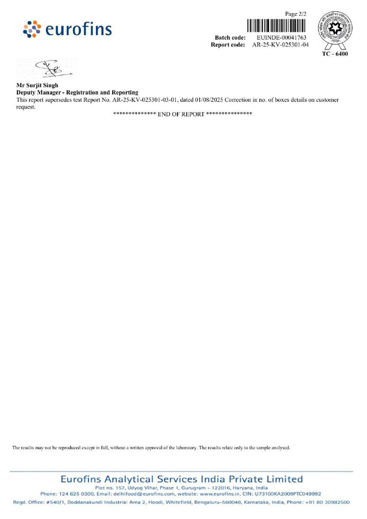 Eurofins certificate for batch SR2516, page 2