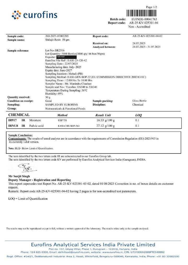 Eurofins certificate for batch SR2516, page 3