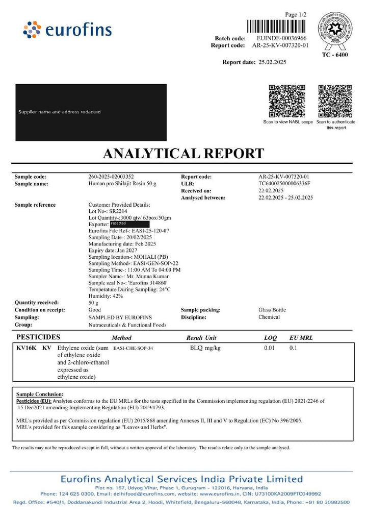 Eurofins certificate for batch SR2214, page 1