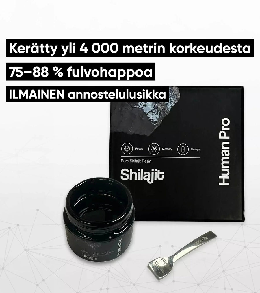 Human Pro Shilajit: Kerätty yli 4 000 metrin korkeudesta, 75–88 % fulvohappoa